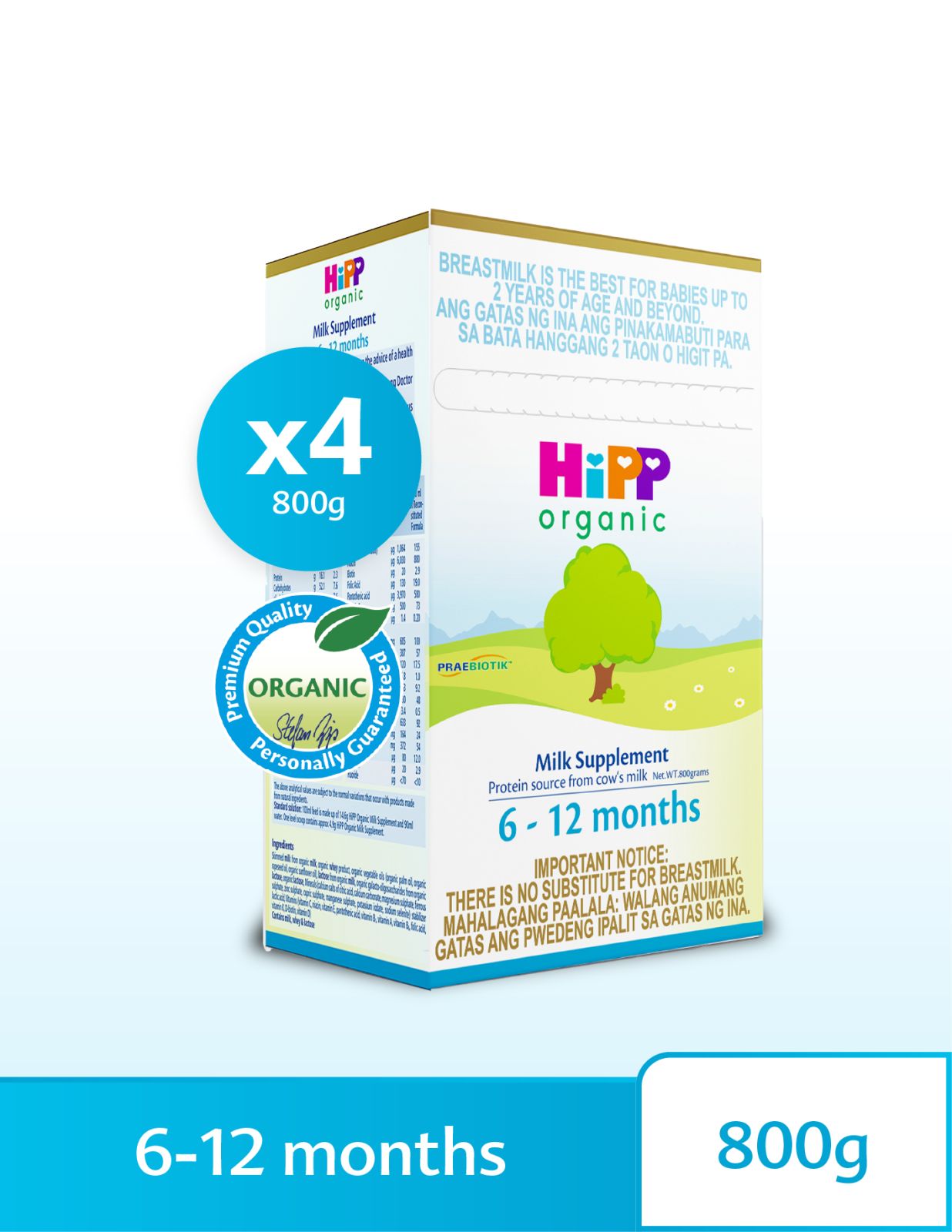 HiPP Organic Milk Supplement 6-12 Months 800g (4-box Bulk Pack)